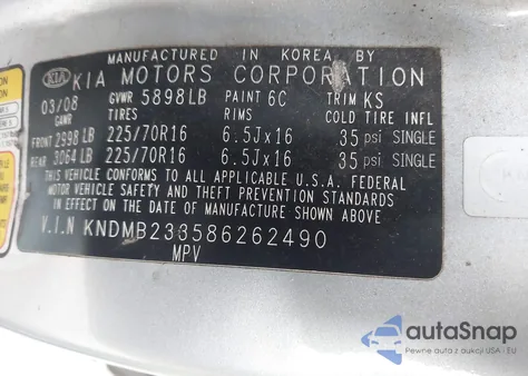 2008 Kia Sedona Lx z USA, uszkodzony, nr VIN KNDMB233586262490